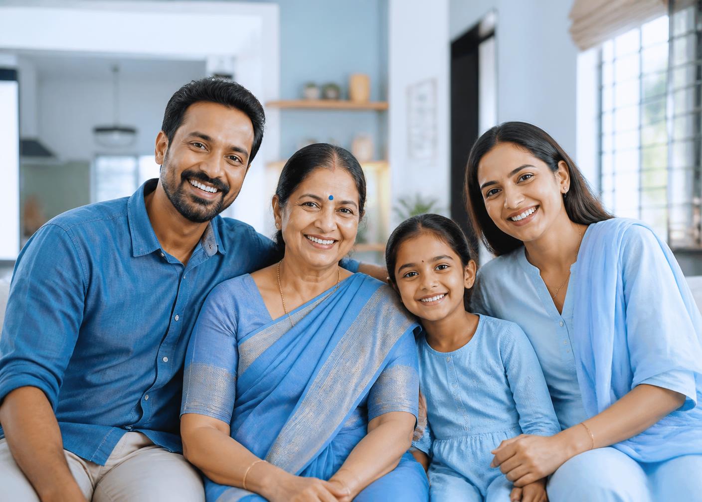 Care Health Insurance പരിരക്ഷയുള്ള കേരളത്തിലെ ഒരു സന്തുഷ്ട കുടുംബം